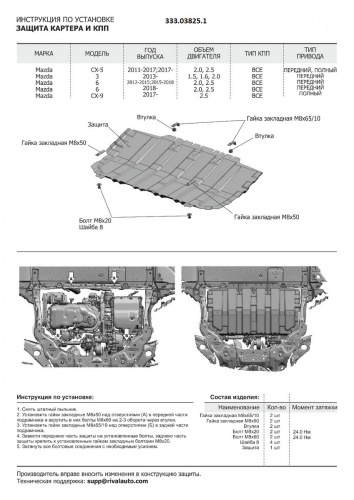 Защита картера двигателя и КПП Mazda CX-4 I 2019- рестайлинг Внедорожник 5 дв. V - 2.0 Арт. 333.03825.1