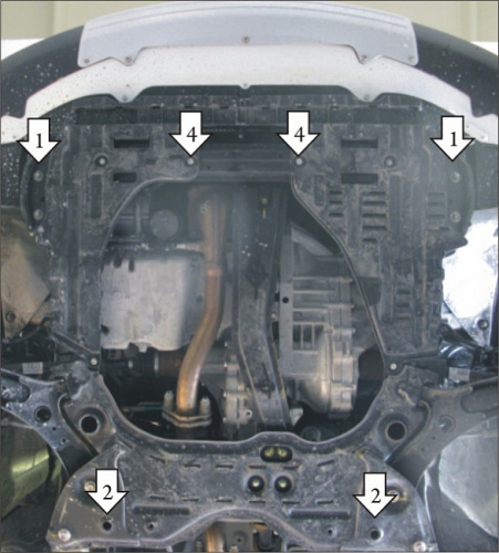 Защита картера двигателя и КПП Suzuki SX4 I (Classic) 2006-2014 Хэтчбэк 5 дв. V-1,6, 2,0, 1,9D FWD, 4WD - для а/м 2009-2013; V-1,6, 2,0, 1,6D, 1,9D, 2