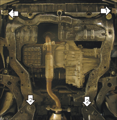 Защита картера двигателя и КПП Hyundai Sonata IV (EF) 2001-2012 рестайлинг Седан V-2,0, 2,4, 2,5, 2,7, 2,0D FWD - для а/м 2001-2005; V-2,0, 2,4, 2,7 F