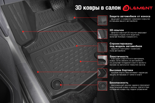 Коврики в салон Nissan Terrano III (D10) 2014-2022, полиуретан 3D Element, Черный, 2WD Арт. CARNIS10047K