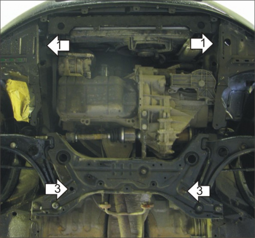 Защита картера двигателя и КПП Mitsubishi Colt VI (Z30) 2002-2012 Хэтчбэк 3 дв. V-1,1; 1,3; 1,5 - FWD Арт. 01312