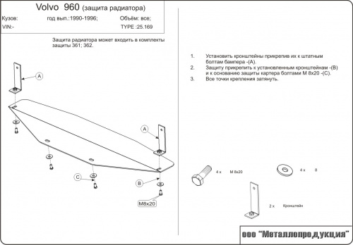Защита радиатора Volvo 960 I 1994-1998 рестайлинг Седан V-2,5; 3,0 Арт. 25.0169