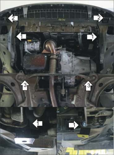 Защита картера двигателя и КПП Citroen DS3 I 2009-2014 Хэтчбэк 3 дв. V-1,6 4WD - для а/м с 2010 по 2016. (Отверстие для слива масла картера) Арт. 3040