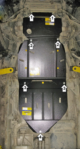 Комплект защит Nissan Pathfinder III (R51) 2004-2009 V-4,0; 2,5D 4WD. Защита: двигателя, КПП, раздаточной коробки. (Отверстие для слива масла картера)