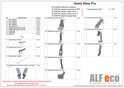Комплект защит Geely Atlas Pro I 2021- V-1,5T (4 части: картер, КПП, топлвиный бак и редуктор)  Арт. ALF0820st