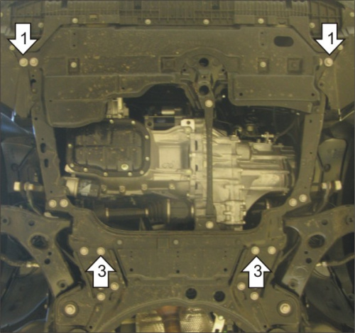 Защита картера двигателя и КПП Toyota Auris I 2006-2010 Хэтчбэк 5 дв. V-1,4; 1,8 FWD (поверх штатного пыльника) Арт. 02544