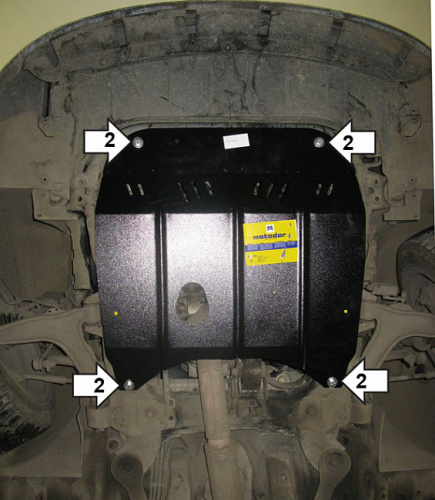 Защита картера двигателя и КПП Saab 9-3 II 2002-2008 Седан V-1,8; 2,0 FWD - для а/м по 2005. (Отверстие для слива масла картера,Отверстие для слива ма