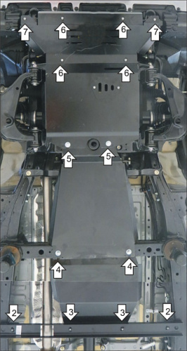 Комплект защит Toyota Hilux VIII 2015-2020 Пикап V-2,4, 2,8. 4WD. (Люк для слива масла картера). Защита: двигателя, КПП, раздаточной коробки, радиатор