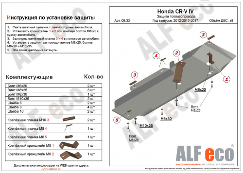 Защита топливопровода Honda CR-V IV 2011-2015 Внедорожник 5 дв. V- все Арт. ALF0933st