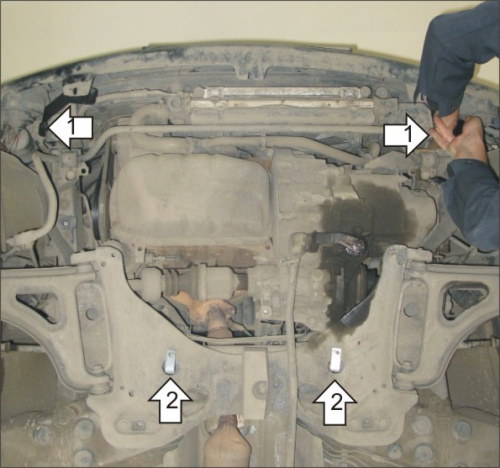 Защита картера двигателя и КПП Renault Twingo I 1993-2007 Хэтчбэк 3 дв. V-1,1; 1,2 FWD для а/м с 1993 по 2000 (Отверстие для слива масла картера) Арт.