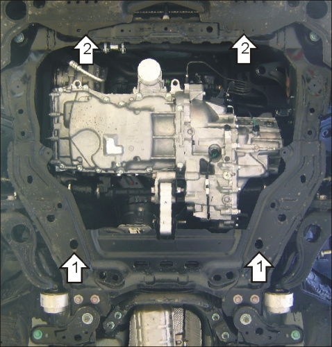 Защита картера двигателя и КПП Mazda6 II (GH) 2007-2009 Лифтбек V-1,8; 2,0; 2,5; 2,0D - FWD; люк для замены фильтра, люк для слива масла картера Арт. 