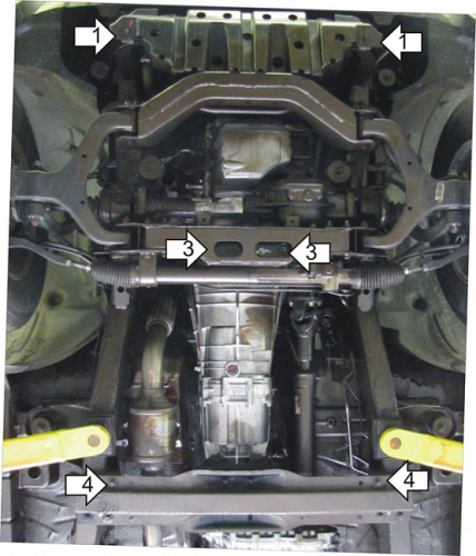 Комплект защит SsangYong Kyron I 2005-2007 V-2,0D 4WD, RWD (Защита: двигателя, переднего дифференциала, КПП, радиатора) Арт. 02803