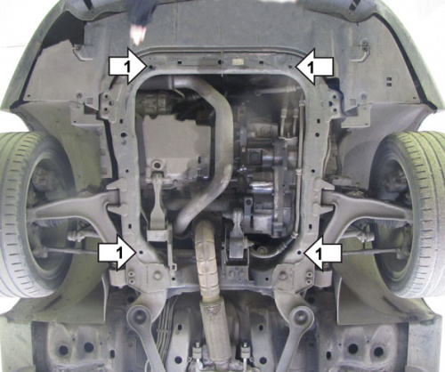 Защита картера двигателя и КПП Saab 9-3 II 2002-2008 Седан V-1,8; 2,0 FWD - для а/м по 2005. (Отверстие для слива масла картера,Отверстие для слива ма