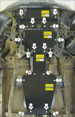 Комплект защит Suzuki Grand Vitara III 2005-2008 Внедорожник 5 дв. V-1,6; 2,0; 2,4; 2,7 4WD/FWD. Защита: двигателя, КПП, радиатора, раздаточной коробк