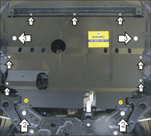 Защита картера двигателя и КПП Mazda3 II (BL) 2008-2011 Седан V-1,6 FWD; для а/м с 2009 г.в.; отверстие для замены фильтра, отверстие для слива масла 
