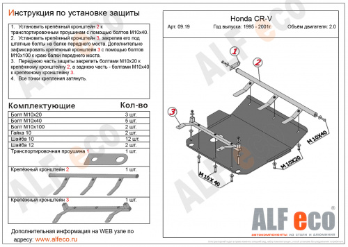 Защита картера двигателя и КПП Honda CR-V I 1995-1999 V-2.0, привод 4х4,4х2 Арт. ALF0919st