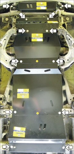 Комплект защит Ford Ranger II 2006-2009 Пикап V-2,5D, 3,0D 4WD; Защита: двигателя, КПП, РК, переднего дифференциала, радиатора Арт. 00729