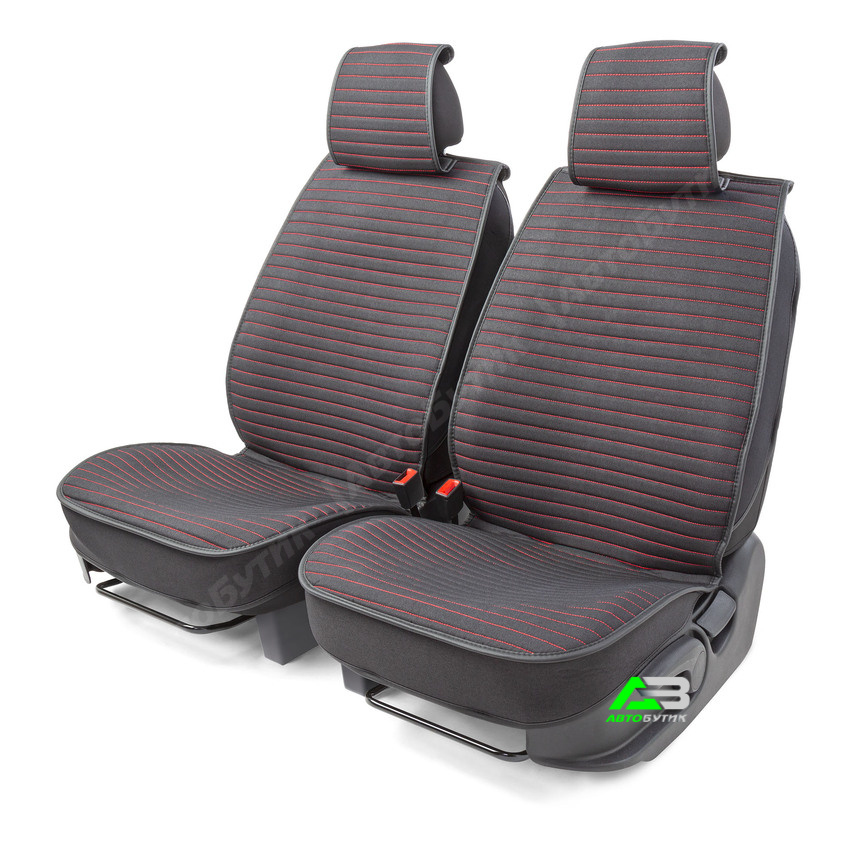 Накидки на передние сиденья (лён) в полоску каркасные, серые+красная нить, арт. CUS-2022 BK/RD